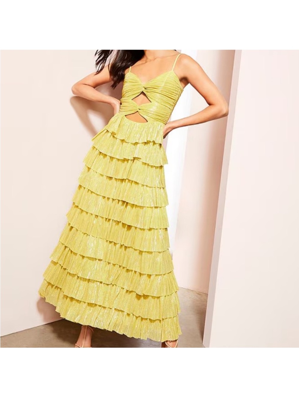 Gianni Bini Yellow Tiered Ruffle Maxi with Cutout Bodice